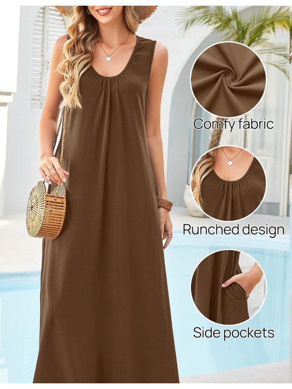 Women's Brown Sundresses Ruch Beach Summer Sleeveless Loose Tank Maxi Dress - Picture 5 of 5